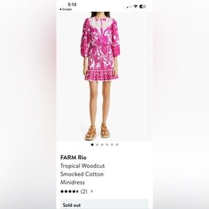 FARM Rio Tropical Woodcut Smocked Cotton Minidress